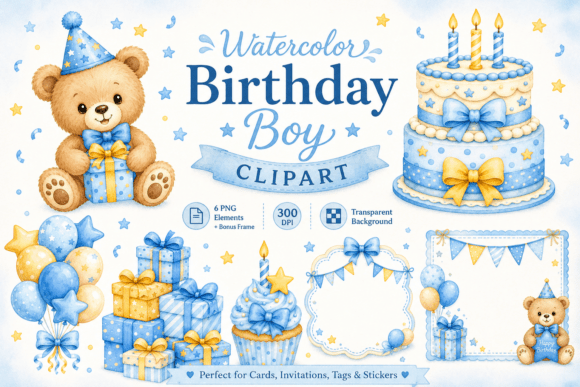 Download Watercolor Birthday Boy Card Elements - Premium Bundle